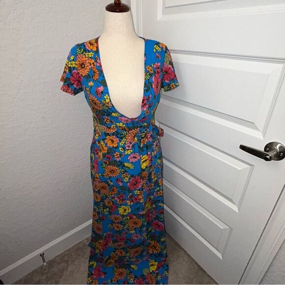 New, Sugarlips Twiggy Floral Lunar Print Full Wrap Short Sleeve Maxi Dress - Picture 1 of 13